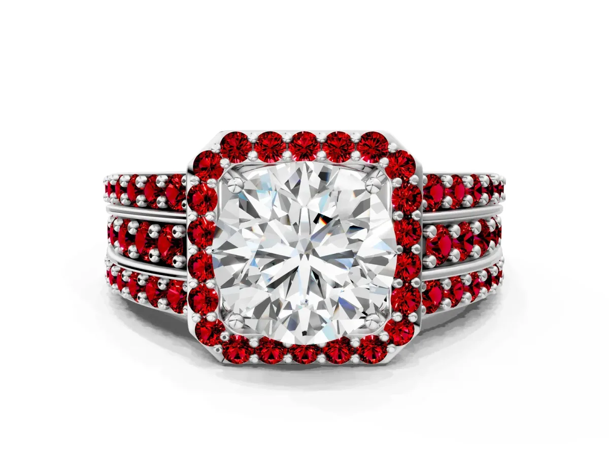Round Cut Halo Diamond Ring with Round Ruby Split Shank and Prong Setting Platinum