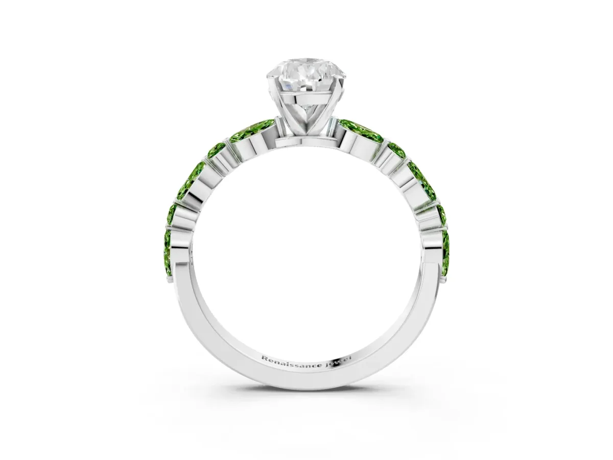 Pear Cut Diamond Ring with Marquise and Round Peridot Side Stones and Four-Prong Setting Platinum