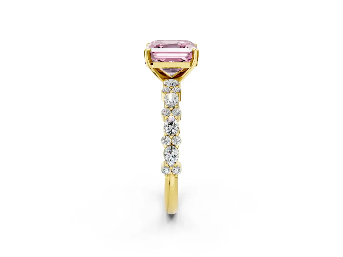 Fancy Pink Asscher Cut Diamond Side Stone Solitaire Ring with Round and Four-Prong Setting Yellow gold