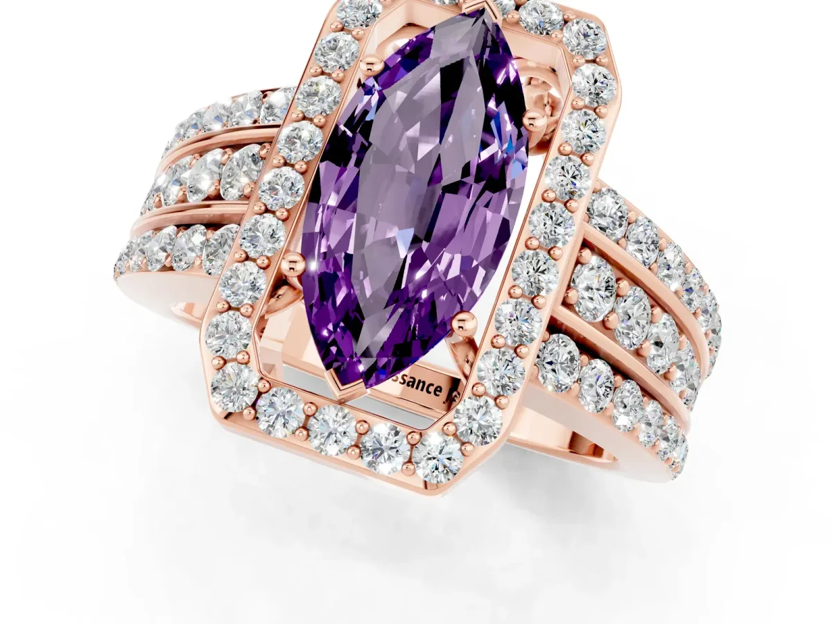 Marquise Cut Halo Amethyst Ring with Round Split Shank and Prong Setting Rose gold