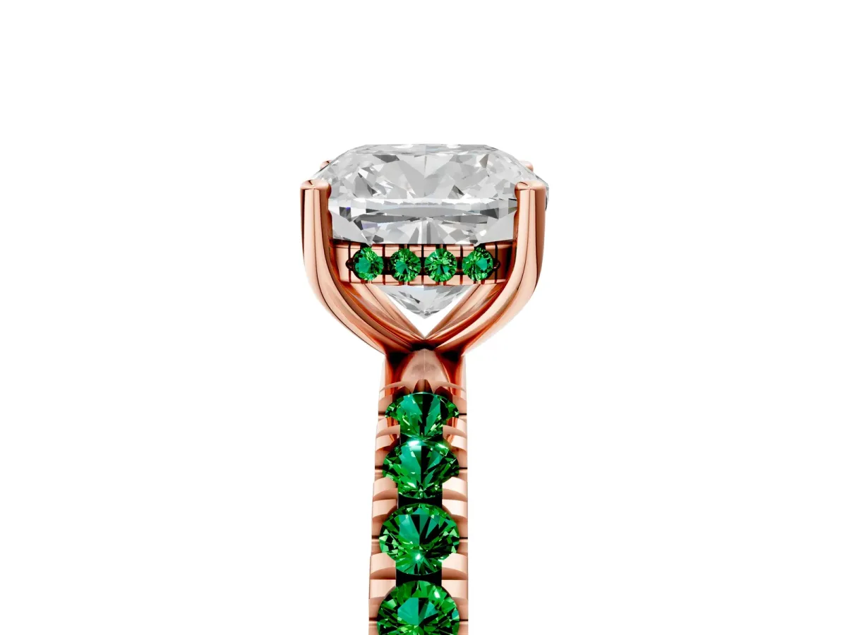Cushion Cut Diamond Pave Band Solitaire Ring with Round Emerald and Prong Setting Rose gold