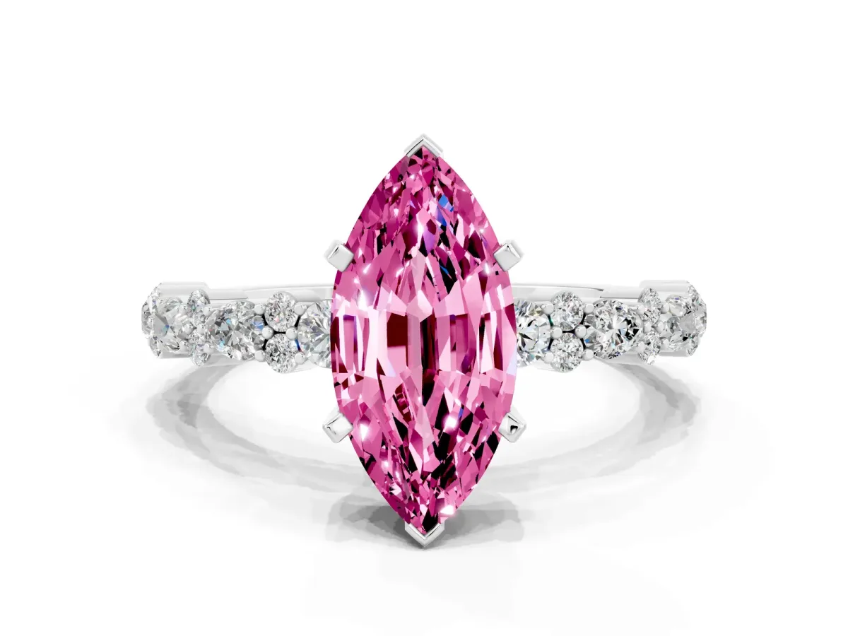 Marquise Cut Pink Sapphire Side Stone Solitaire Ring with Round and Four-Prong Setting White gold