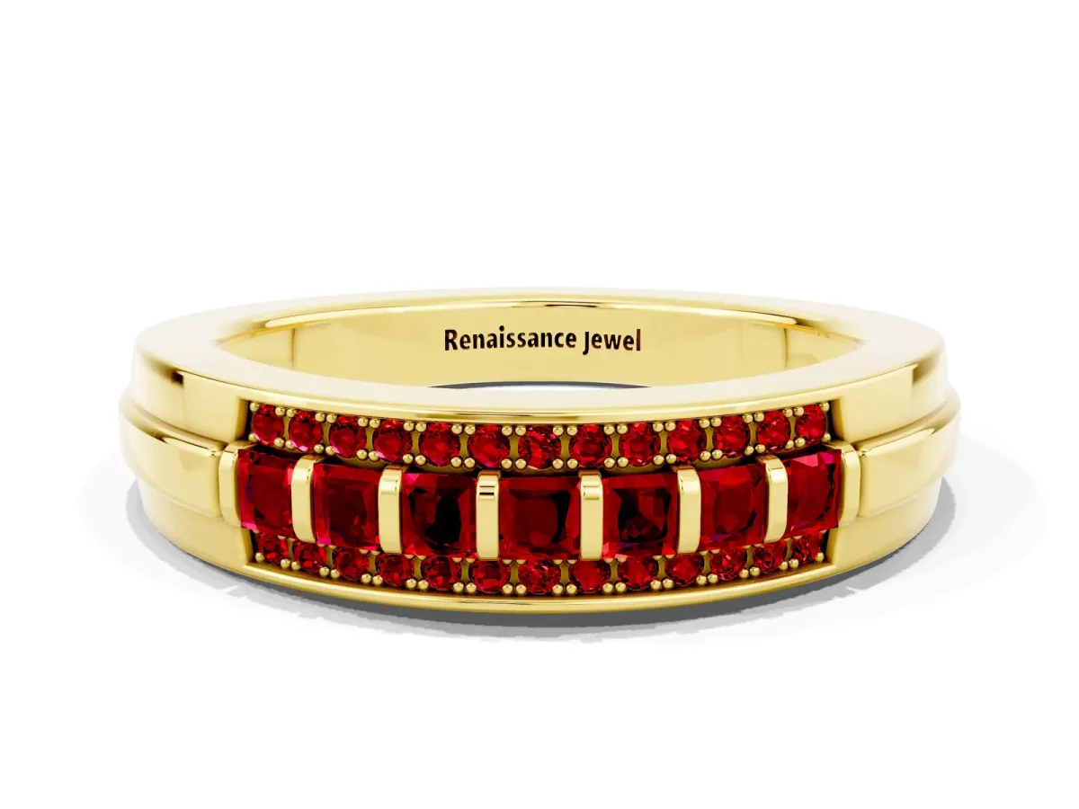 Bar-Set Princess Cut Ruby Pavé Band Yellow gold