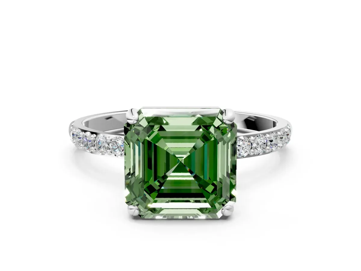 Fancy Green Asscher Cut Diamond Solitaire Ring with Round Pavé Band and Prong Setting Silver