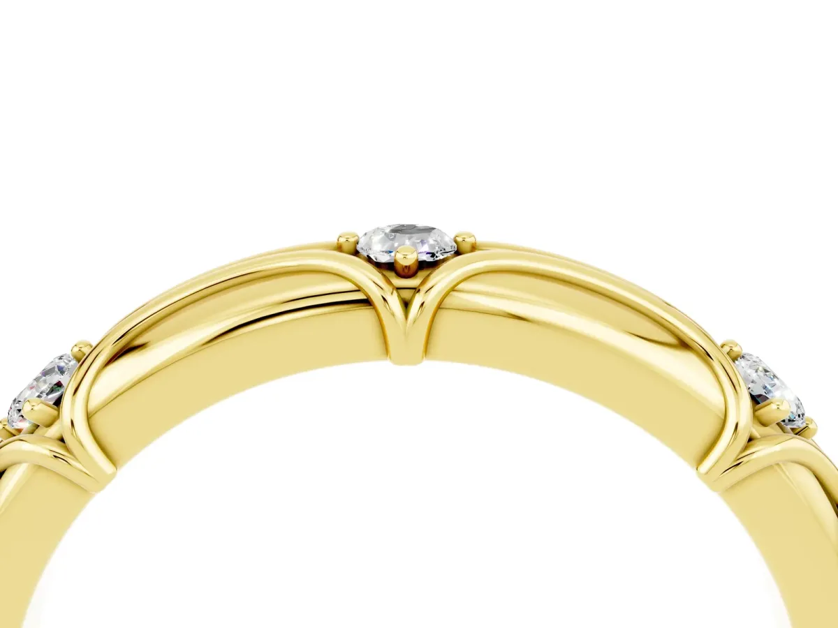Round Moissanite Prong Set Milgrain Eternity Band Yellow gold
