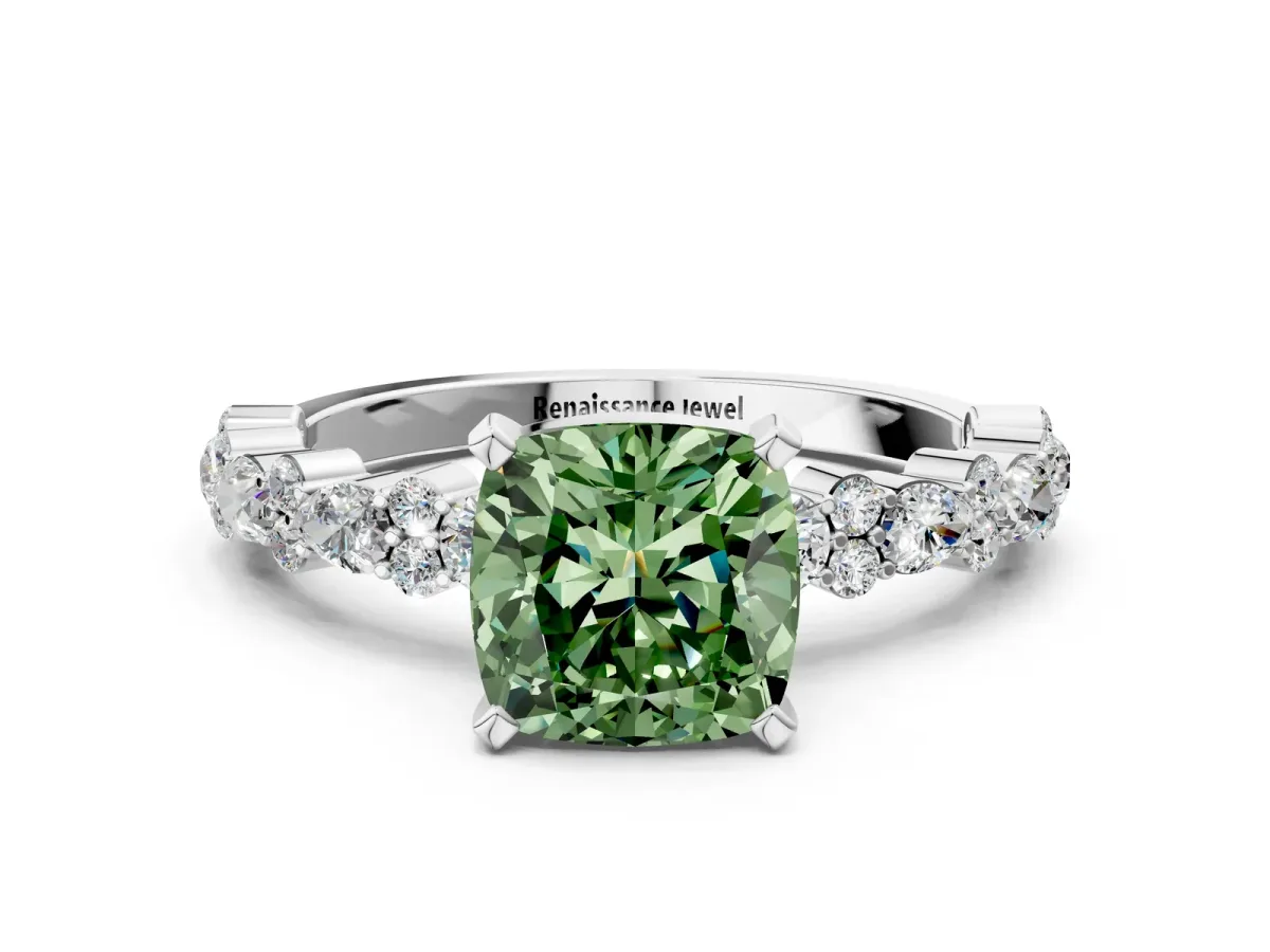 Fancy Green Cushion Cut Diamond Side Stone Solitaire Ring with Round and Four-Prong Setting Platinum