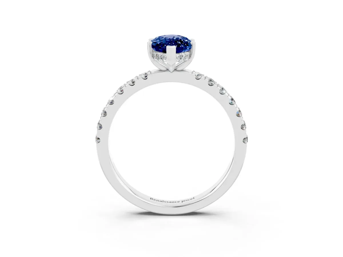 Marquise Cut Blue Sapphire Pave Band Solitaire Ring with Round and Prong Setting Platinum