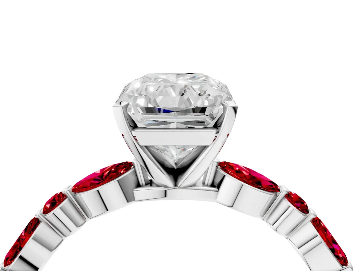 Radiant Cut Diamond Ring with Marquise and Round Ruby Side Stones and Four-Prong Setting White gold