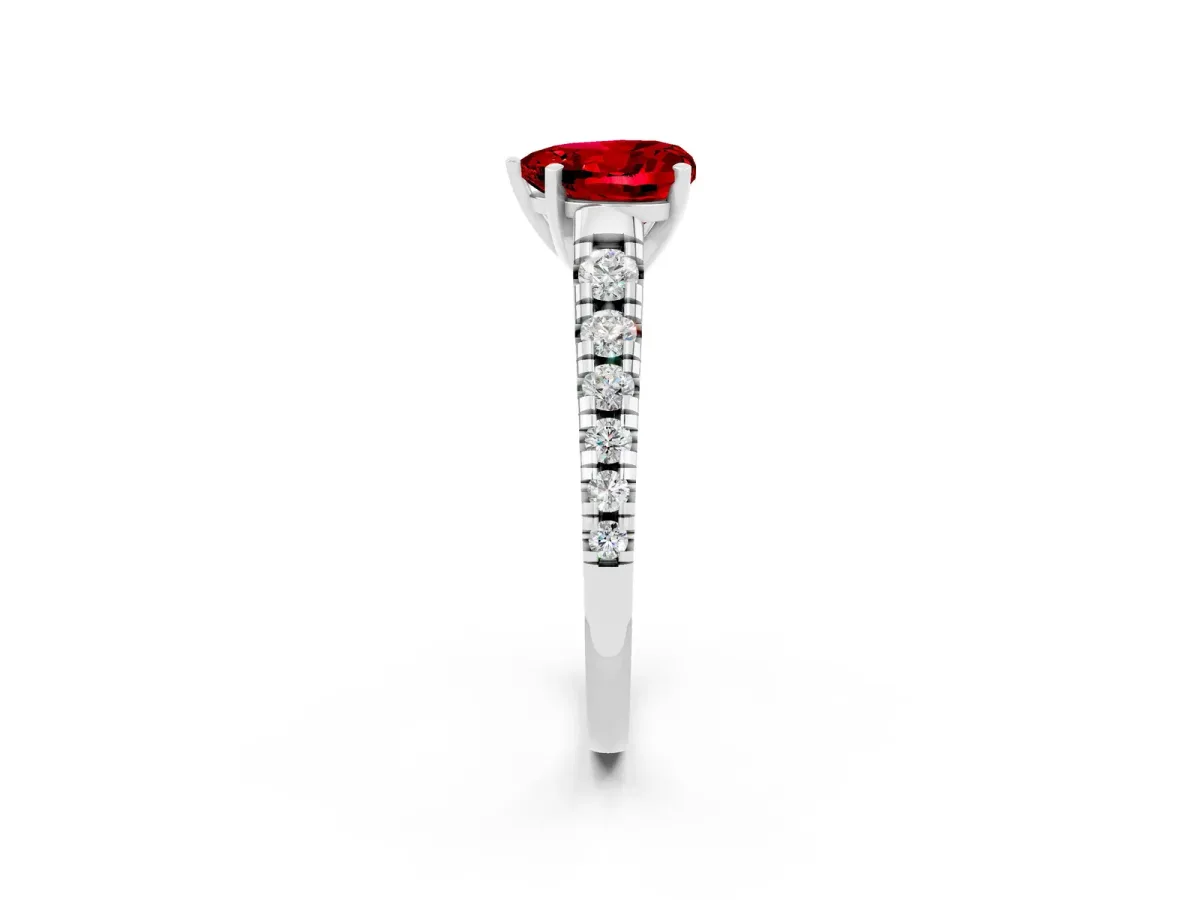 Heart Cut Ruby Cathedral Solitaire Ring with Round Pavé Band Silver
