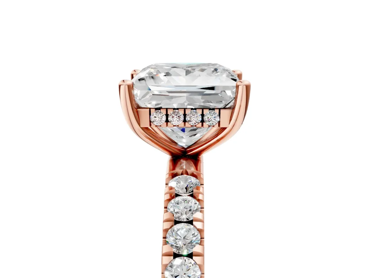Princess Cut Diamond Pave Band Solitaire Ring with Round and Prong Setting Rose gold
