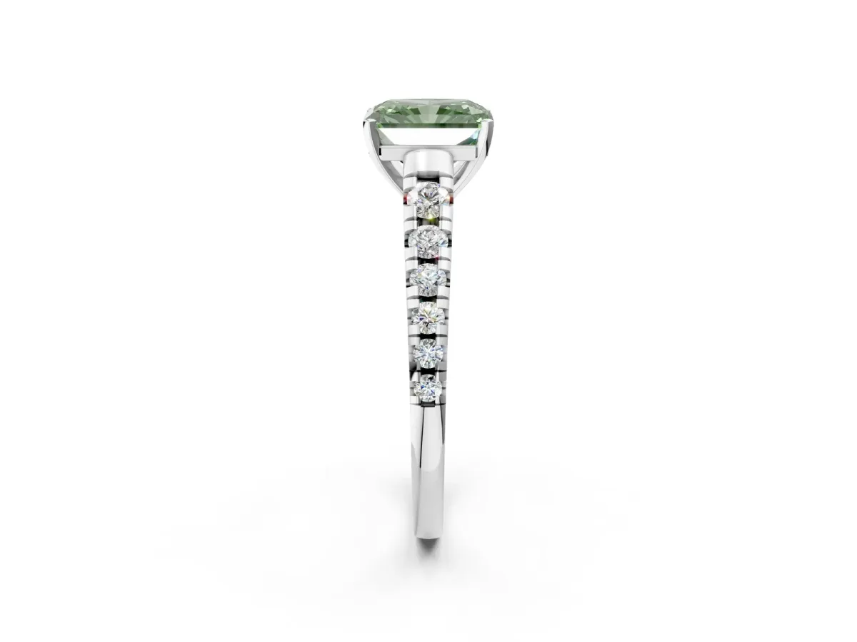 Fancy Green Radiant Cut Diamond Cathedral Solitaire Ring with Round Pavé Band Platinum