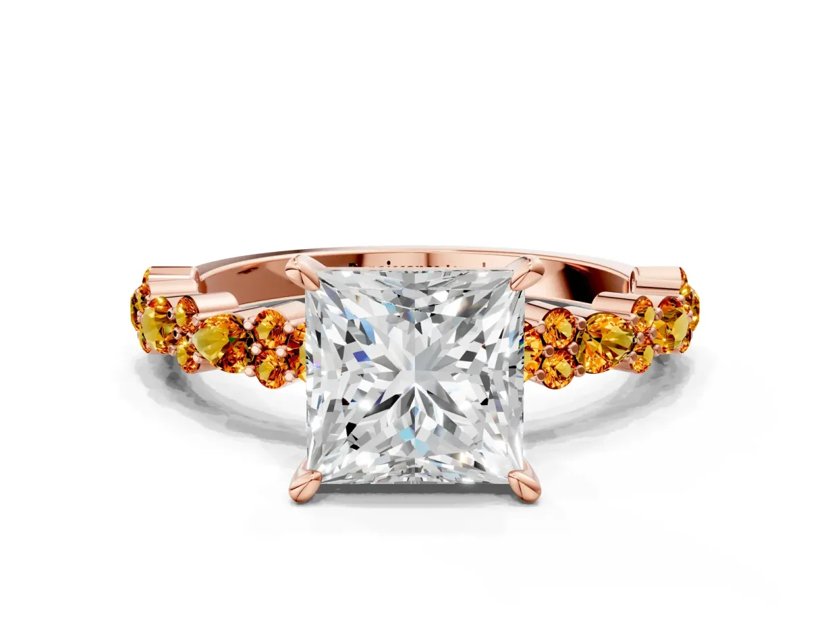 Princess Cut Diamond Side Stone Solitaire Ring with Round Citrine and Four-Prong Setting Rose gold
