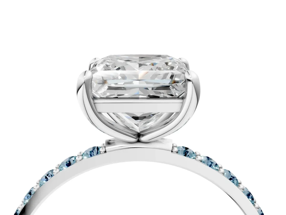 Princess Cut Diamond Solitaire Ring with Round Aquamarine Pavé Band and Prong Setting Silver
