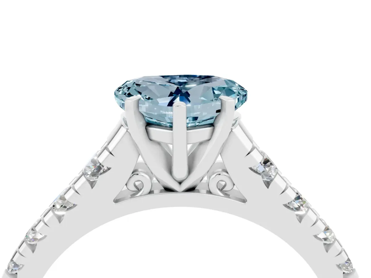Heart Cut Aquamarine Cathedral Solitaire Ring with Round Pavé Band Silver