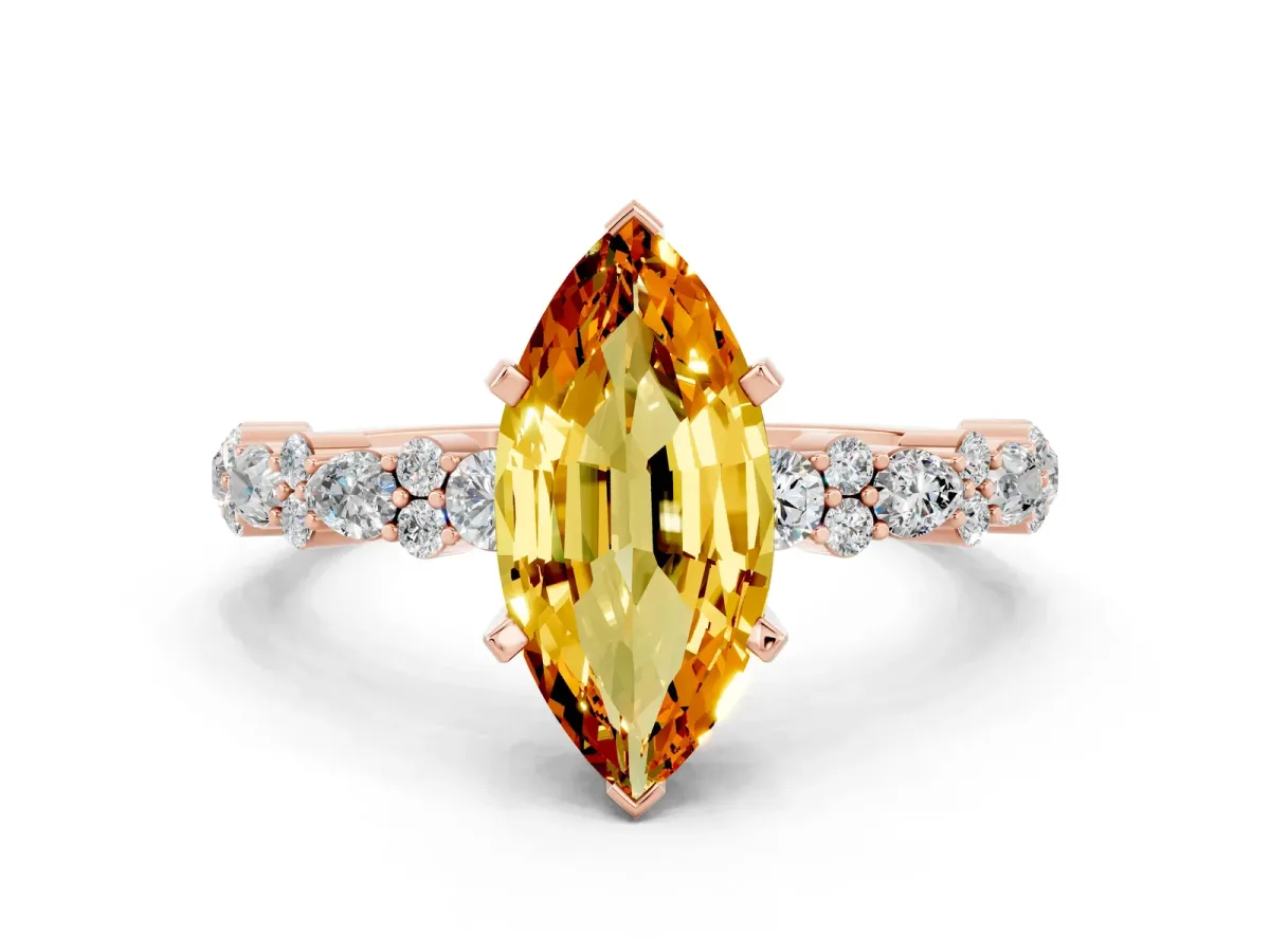 Marquise Cut Citrine Side Stone Solitaire Ring with Round and Four-Prong Setting Rose gold