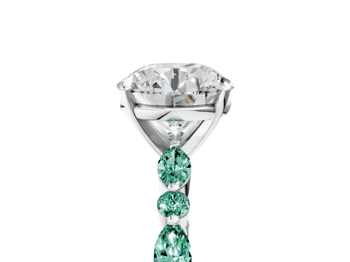 Round Cut Diamond Ring with Marquise and Round Green Sapphire Side Stones and Four-Prong Setting Silver