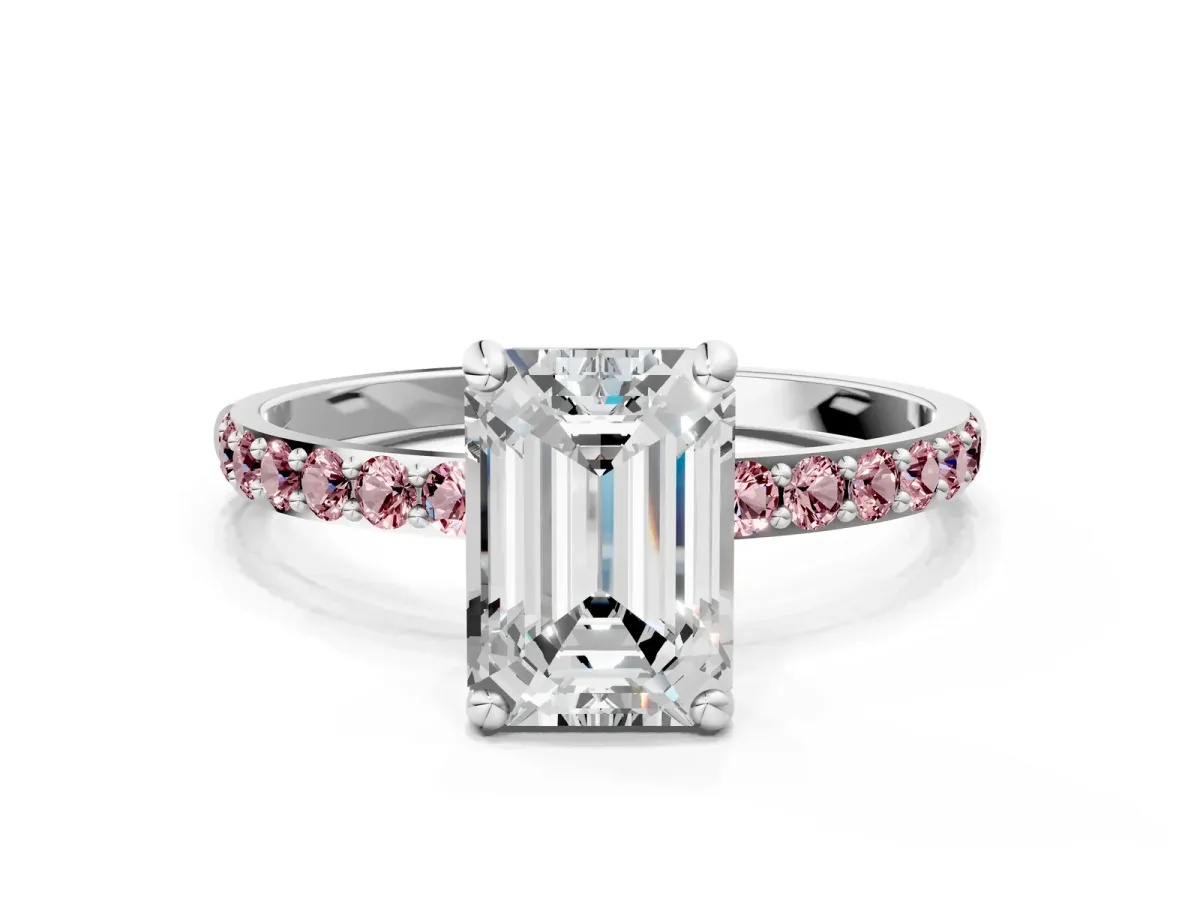 Emerald Cut Diamond Solitaire Ring with Round Morganite Pavé Band and Prong Setting Silver
