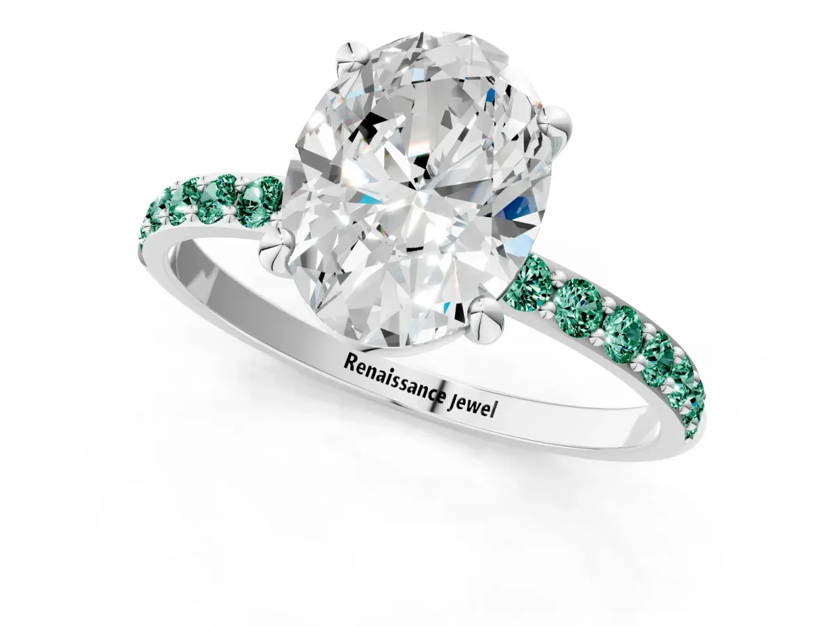 Oval Cut Diamond Solitaire Ring with Round Green Sapphire Pavé Band and Prong Setting Platinum
