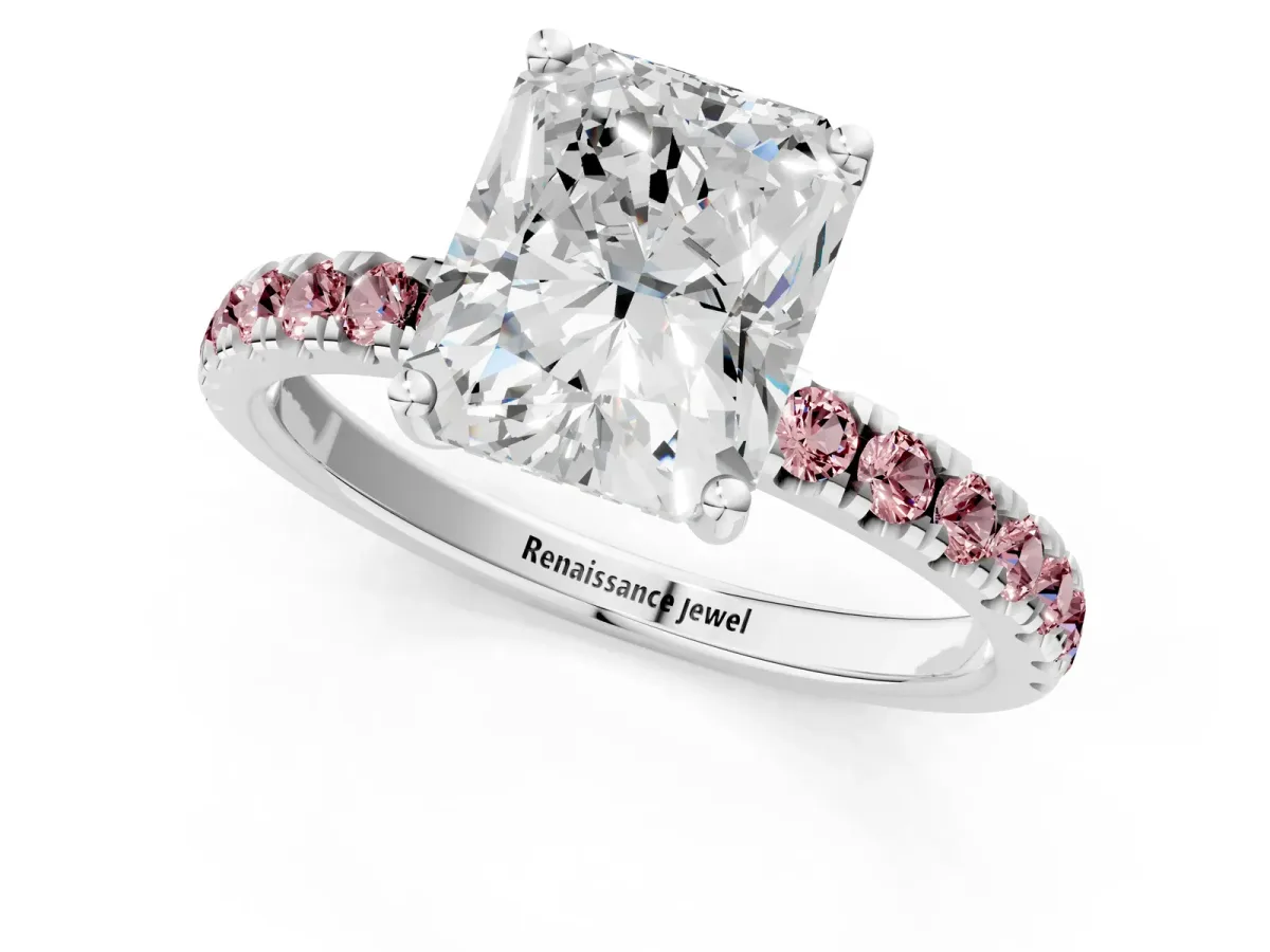 Radiant Cut Diamond Pave Band Solitaire Ring with Round Morganite and Prong Setting Platinum