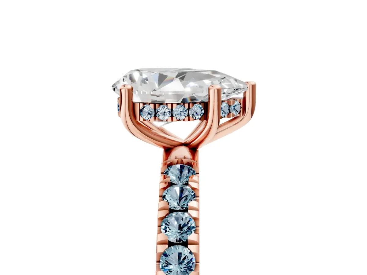 Pear Cut Diamond Pave Band Solitaire Ring with Round Aquamarine and Prong Setting Rose gold