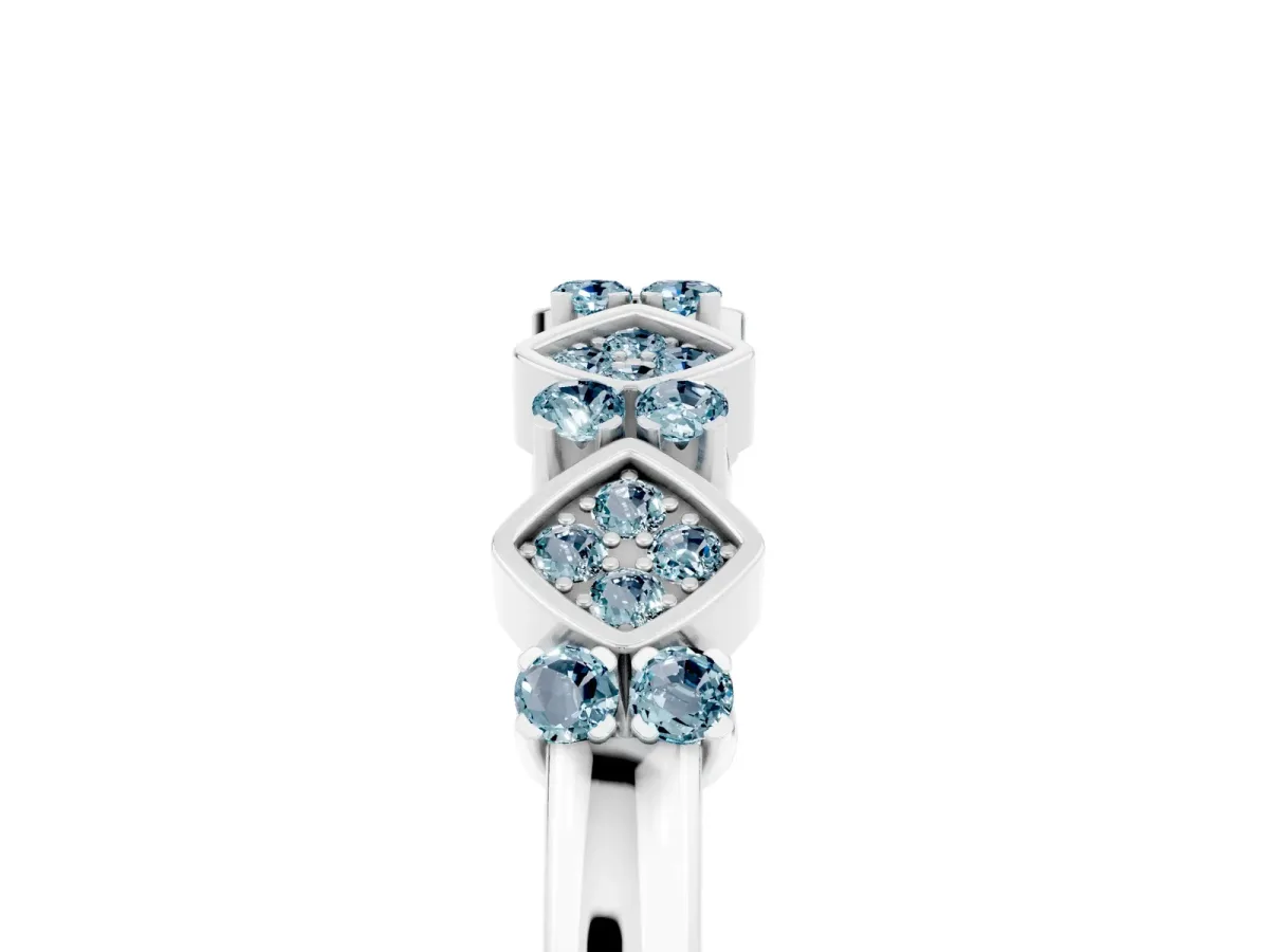 Pavé Cushion Aquamarine Cluster Eternity Band with Prong Setting Silver