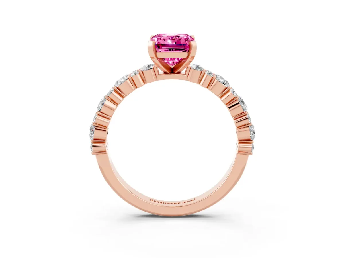 Emerald Cut Pink Sapphire Side Stone Solitaire Ring with Round and Four-Prong Setting Rose gold