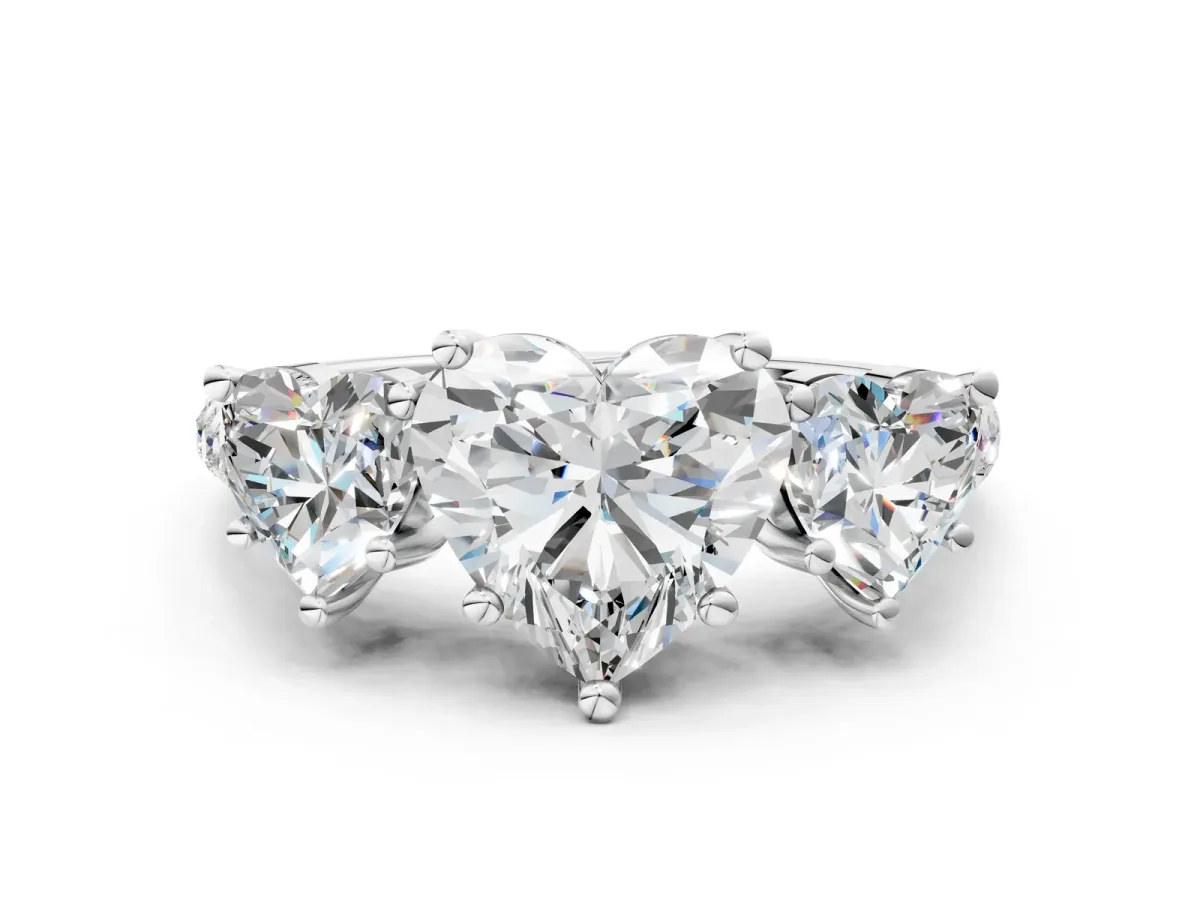 Three-Stone Heart Cut Diamond Ring with Round Pavé Band and Prong Setting Platinum