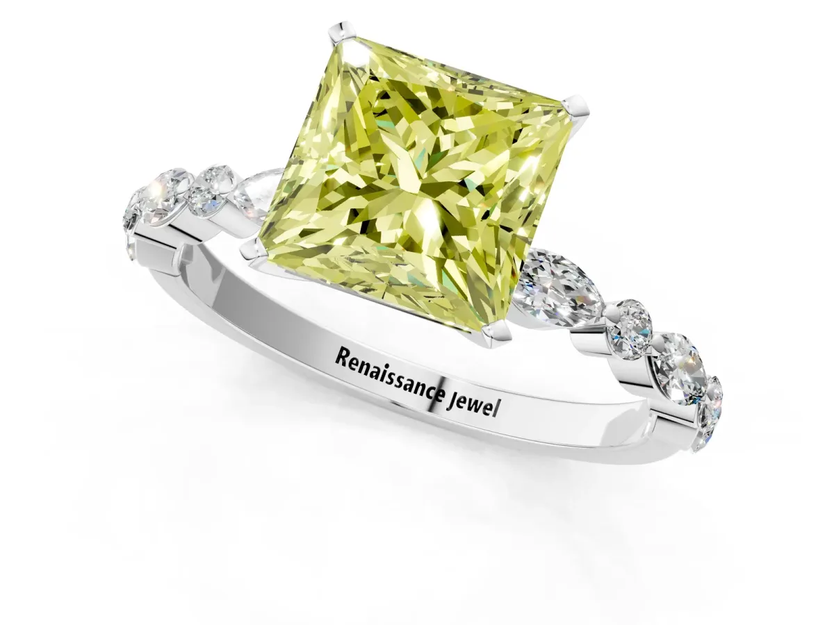 Fancy Yellow Princess Cut Diamond Ring with Marquise and Round Side Stones and Four-Prong Setting Silver