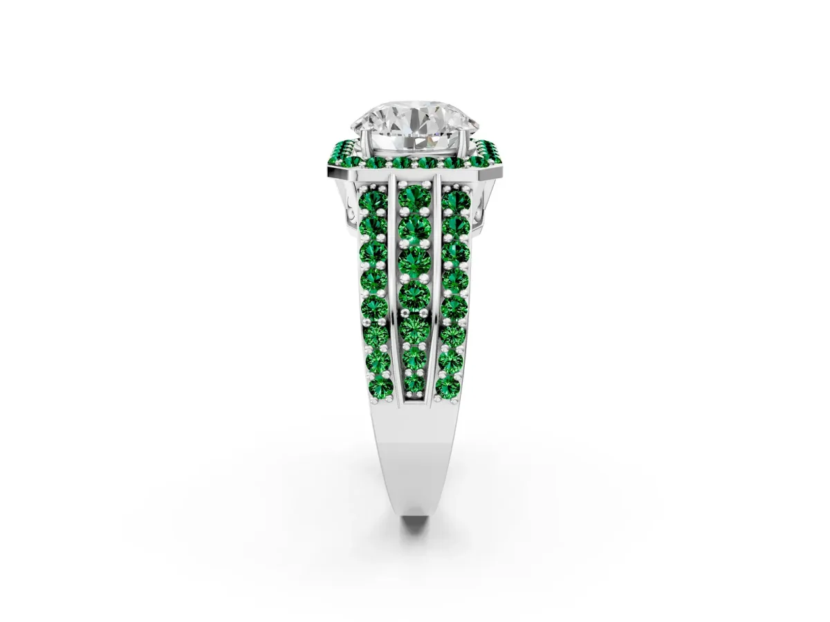 Round Cut Halo Diamond Ring with Round Emerald Split Shank and Prong Setting Platinum
