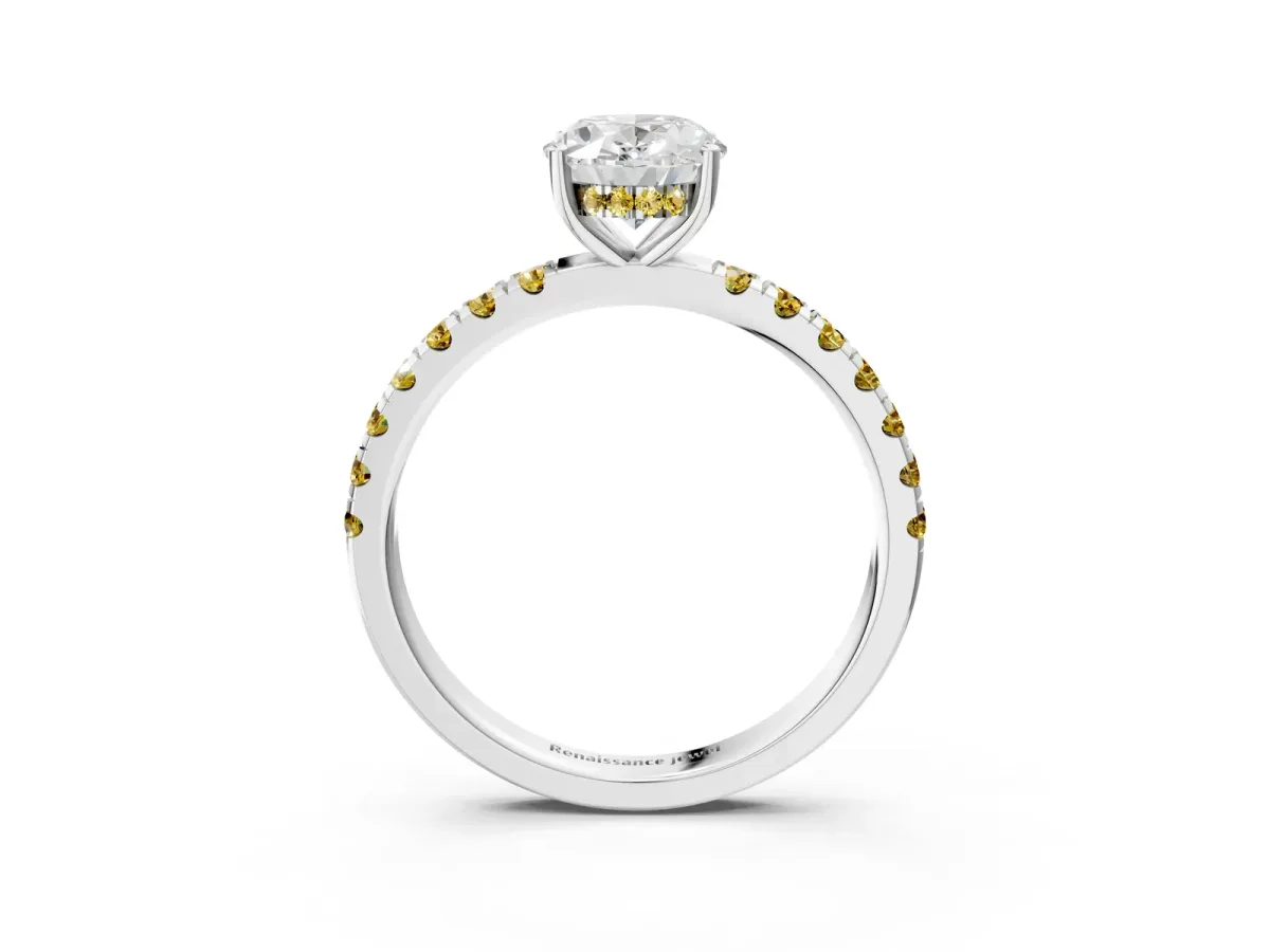 Oval Cut Diamond Pave Band Solitaire Ring with Round Yellow Sapphire and Prong Setting Platinum