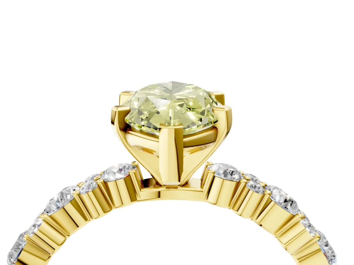 Fancy Yellow Marquise Cut Diamond Side Stone Solitaire Ring with Round and Four-Prong Setting Yellow gold
