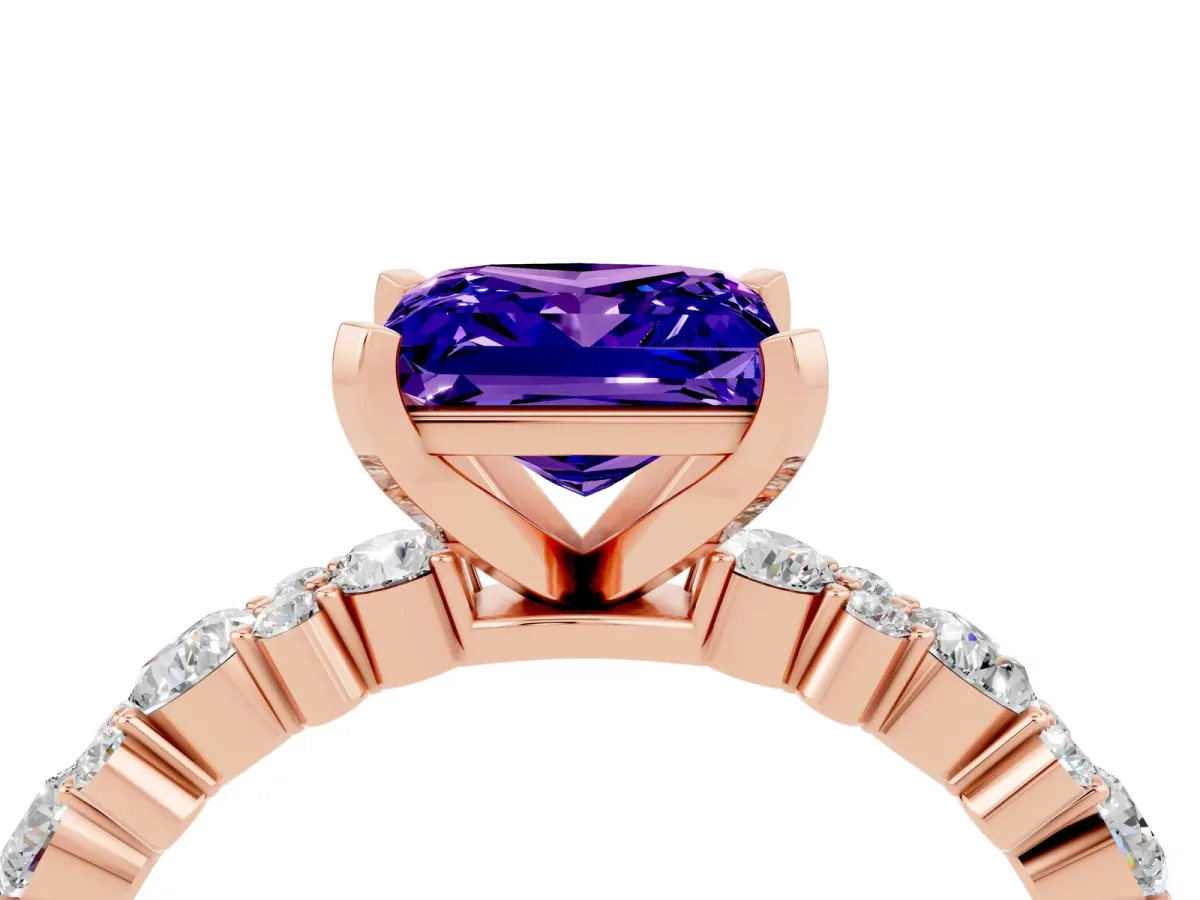 Princess Cut Tanzanite Side Stone Solitaire Ring with Round and Four-Prong Setting Rose gold