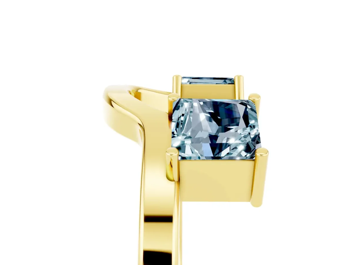 Princess Cut Aquamarine Two-Stone Open Band Ring with Four-Prong Setting Yellow gold