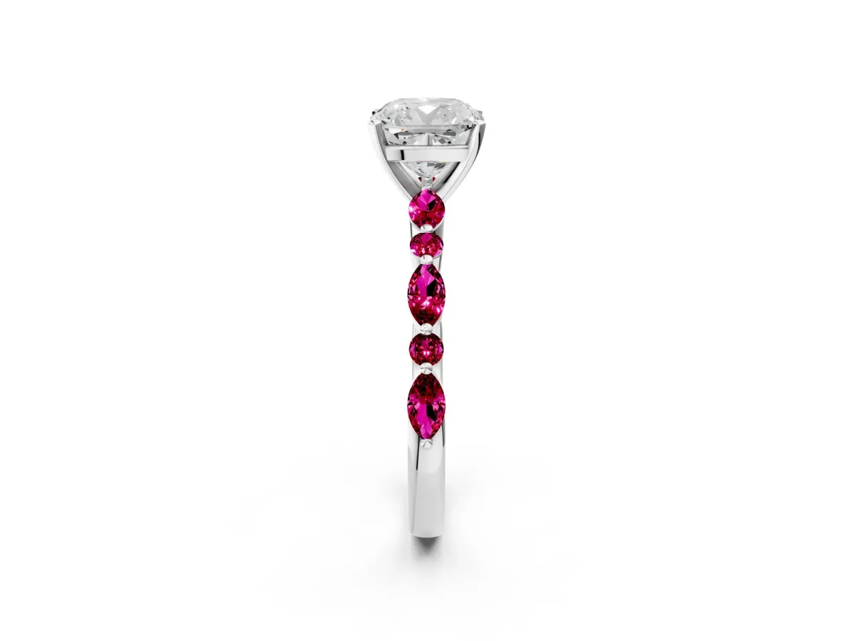 Cushion Cut Diamond Ring with Marquise and Round Garnet Side Stones and Four-Prong Setting Silver