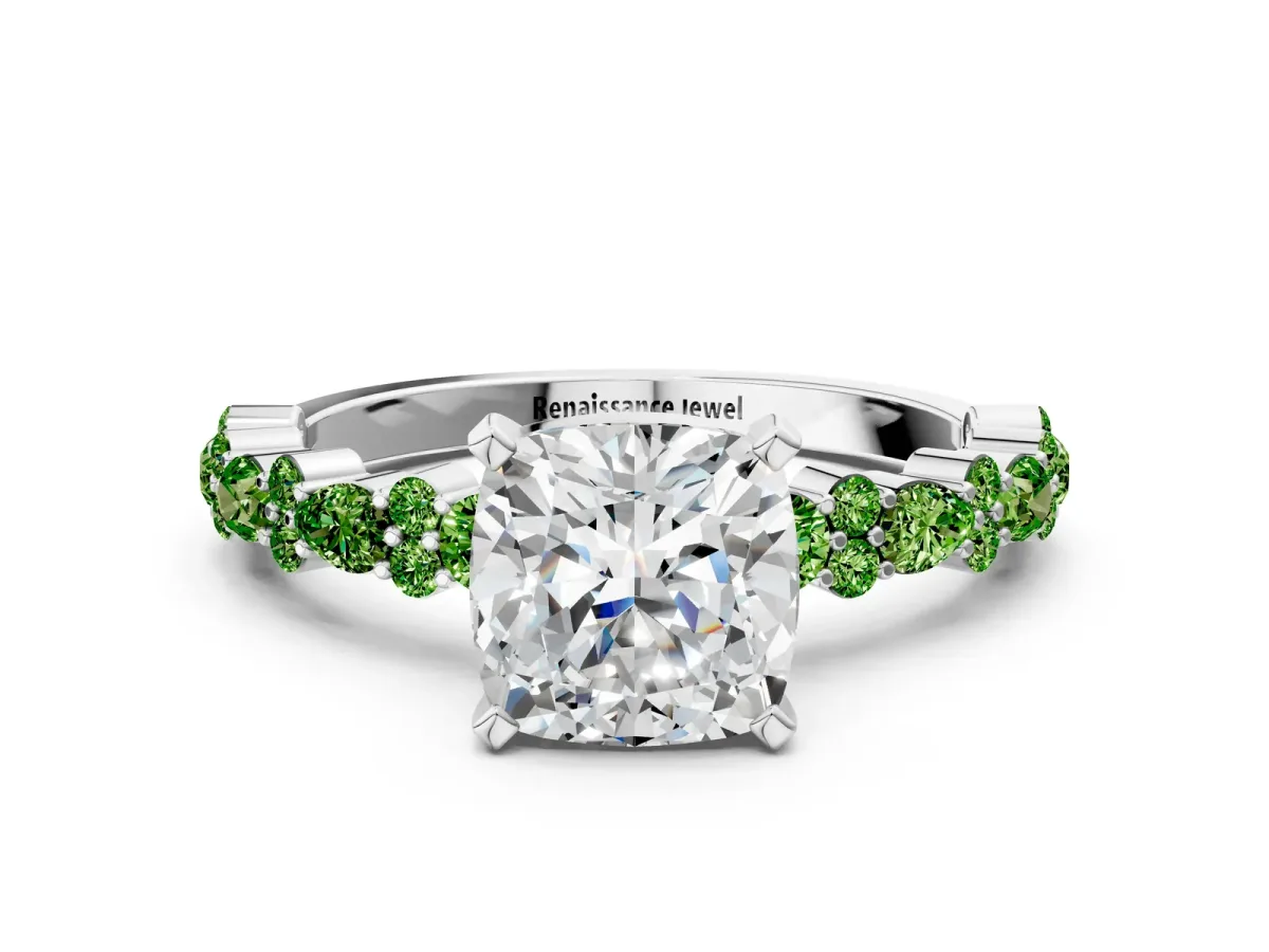 Cushion Cut Diamond Side Stone Solitaire Ring with Round Peridot and Four-Prong Setting Platinum
