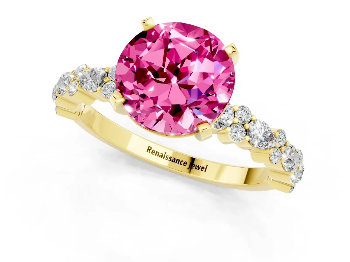 Round Cut Pink Sapphire Side Stone Solitaire Ring with Round and Four-Prong Setting Yellow gold