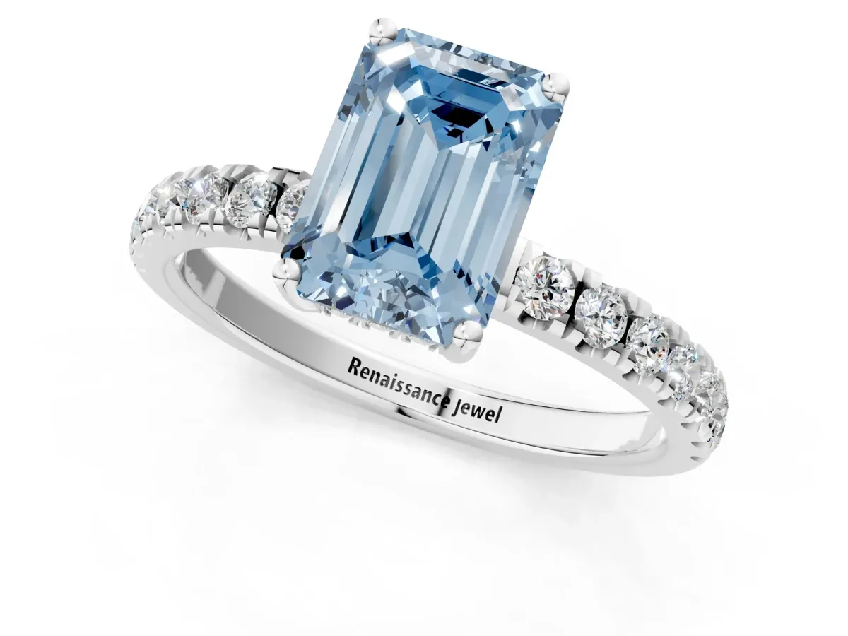 Fancy Blue Emerald Cut Diamond Pave Band Solitaire Ring with Round and Prong Setting Silver