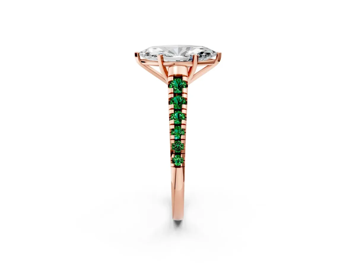 Marquise Cut Diamond Cathedral Solitaire Ring with Round Emerald Pavé Band Rose gold