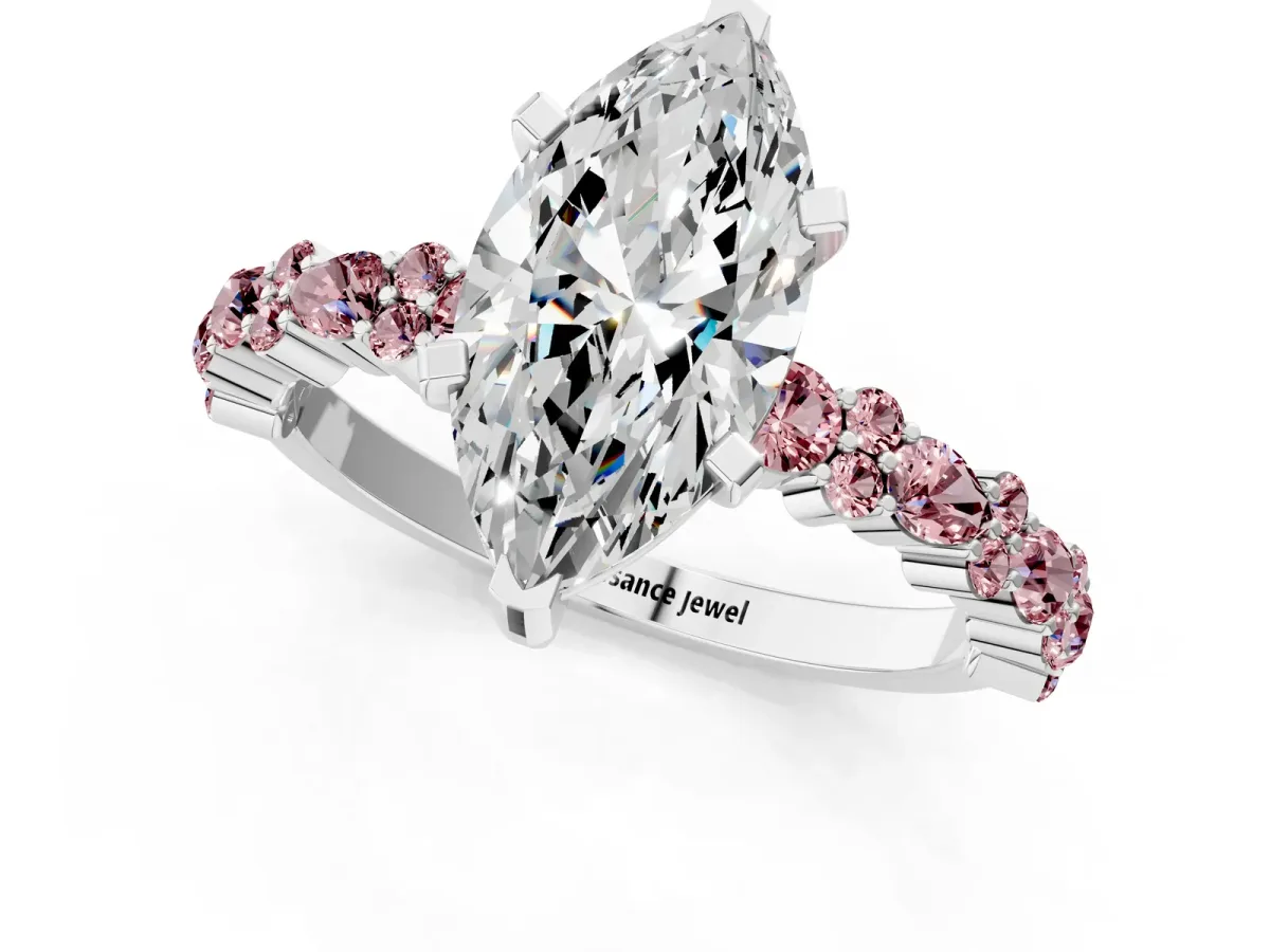 Marquise Cut Diamond Side Stone Solitaire Ring with Round Morganite and Four-Prong Setting Platinum