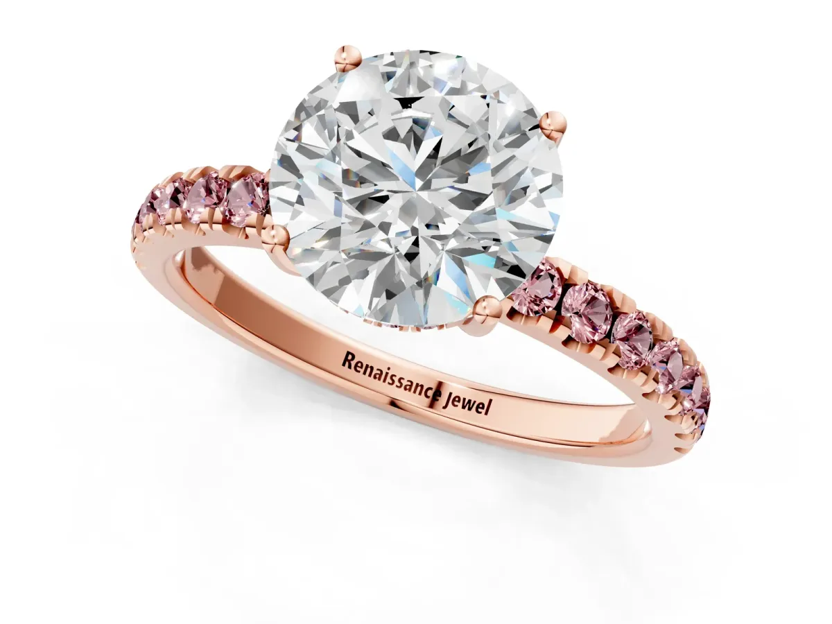 Round Cut Diamond Pave Band Solitaire Ring with Round Morganite and Prong Setting Rose gold