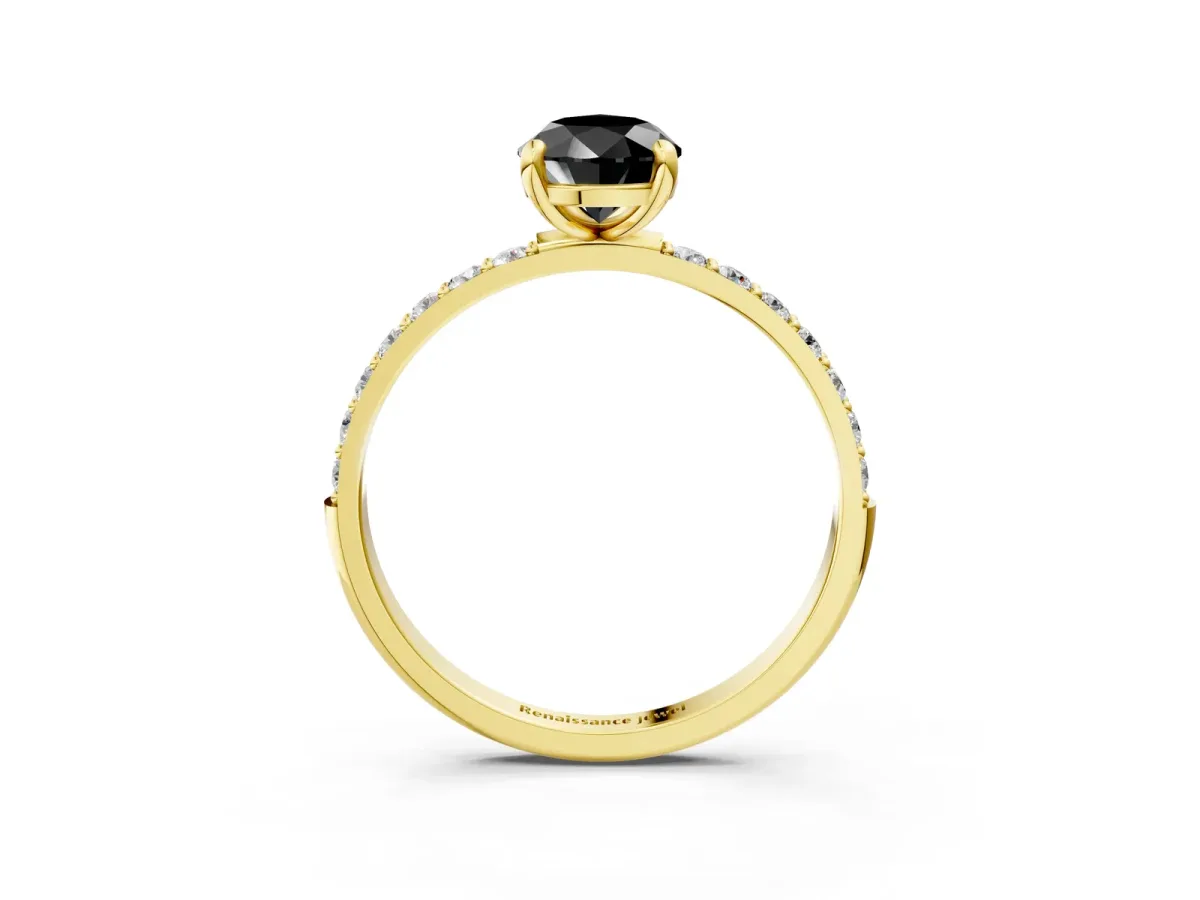 Fancy Black Pear Cut Diamond Solitaire Ring with Round Pavé Band and Prong Setting Yellow gold