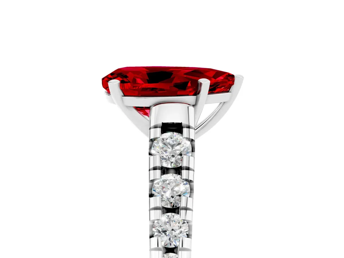 Pear Cut Ruby Cathedral Solitaire Ring with Round Pavé Band Platinum