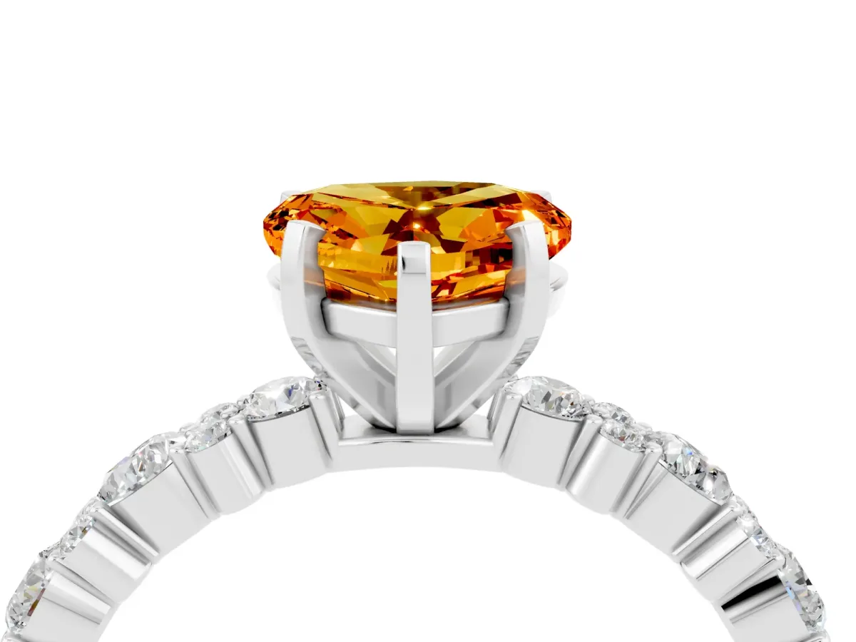 Heart Cut Citrine Side Stone Solitaire Ring with Round and Four-Prong Setting Platinum