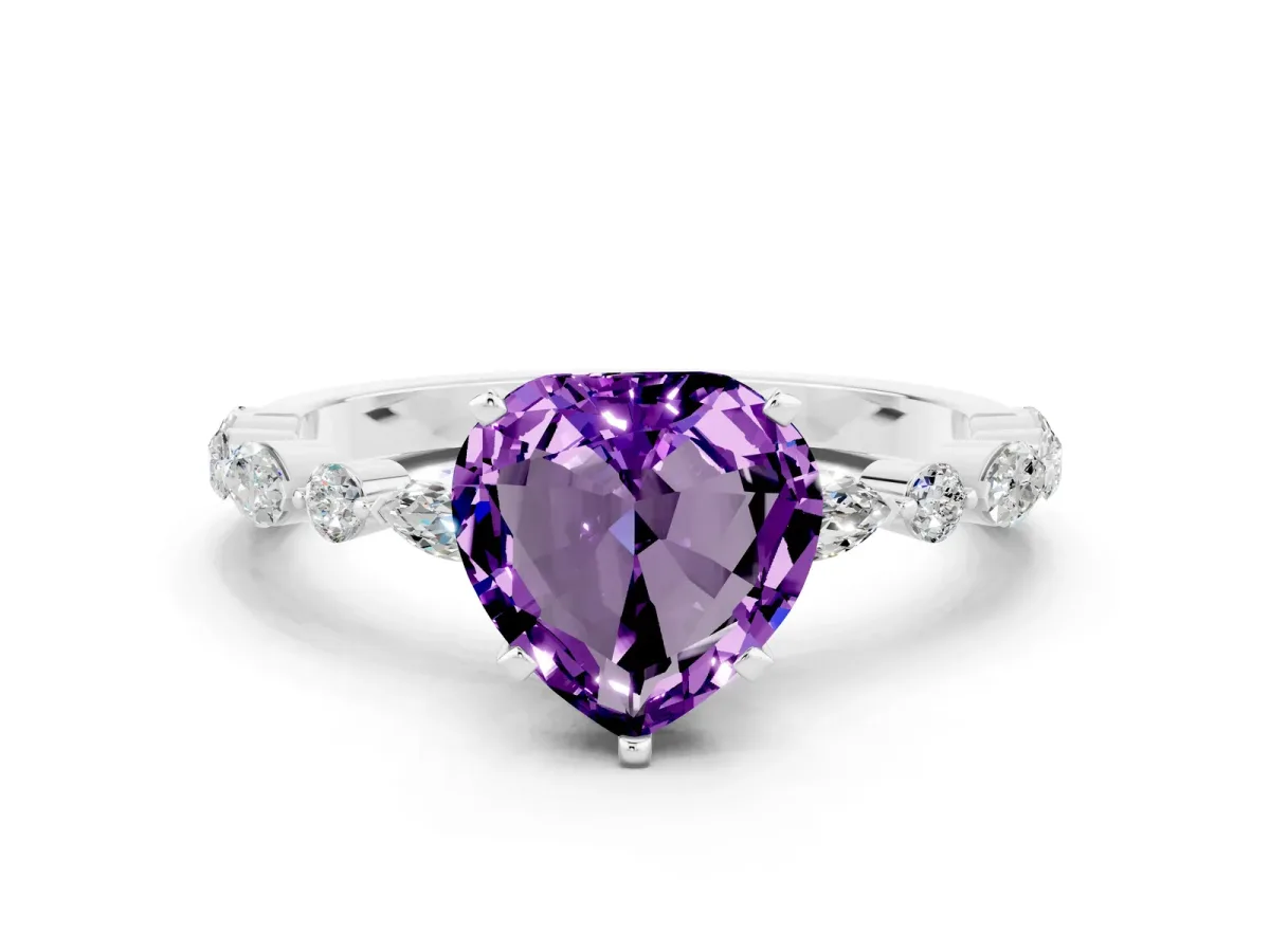 Heart Cut Amethyst Ring with Marquise and Round Side Stones and Four-Prong Setting Silver