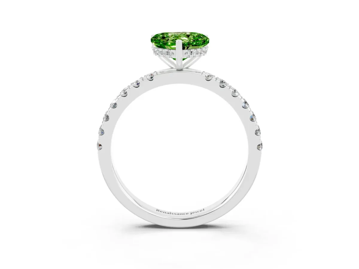 Heart Cut Peridot Pave Band Solitaire Ring with Round and Prong Setting Platinum