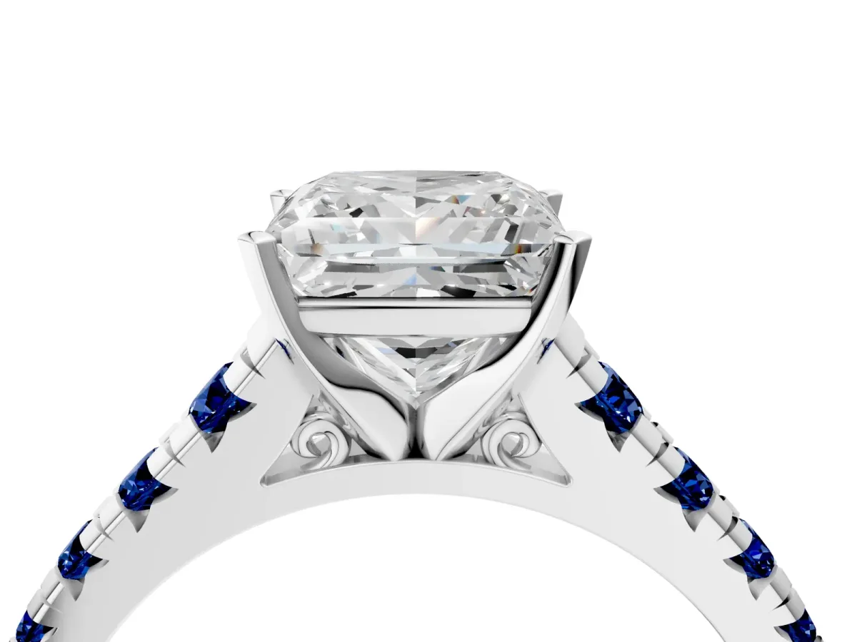 Princess Cut Diamond Cathedral Solitaire Ring with Round Blue Sapphire Pavé Band Platinum