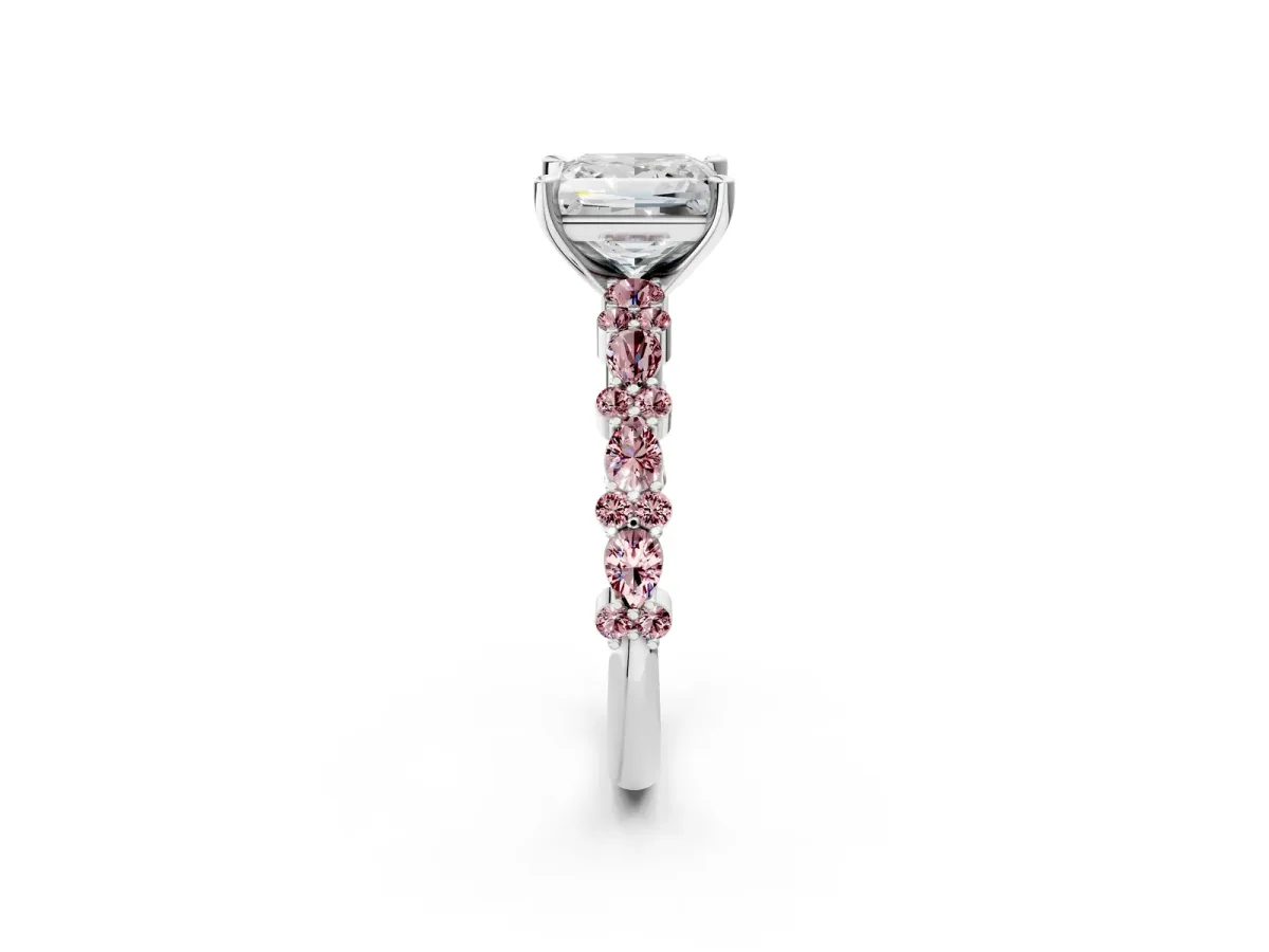 Princess Cut Diamond Side Stone Solitaire Ring with Round Morganite and Four-Prong Setting Platinum