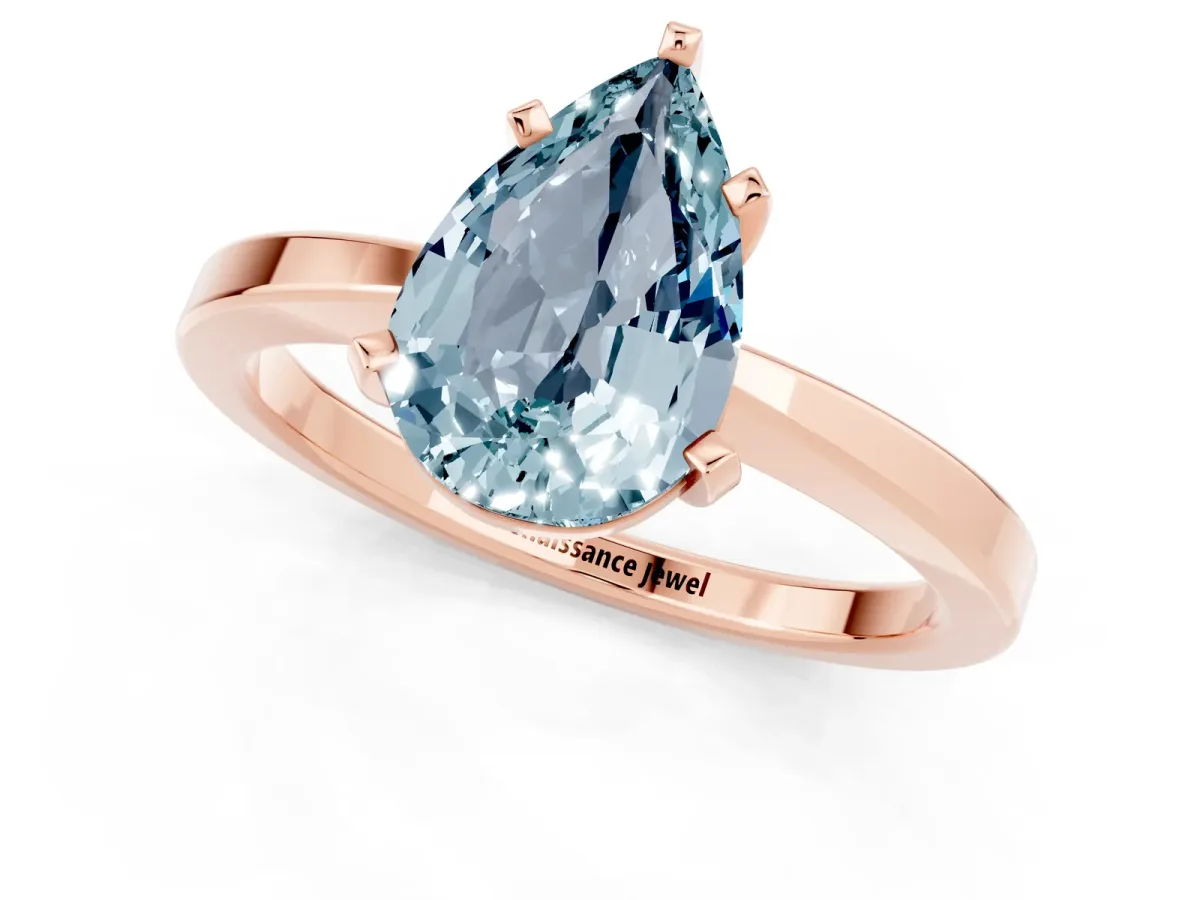 Pear Cut Aquamarine Solitaire Engagement Ring with Classic Band and Four-Prong Setting Rose gold