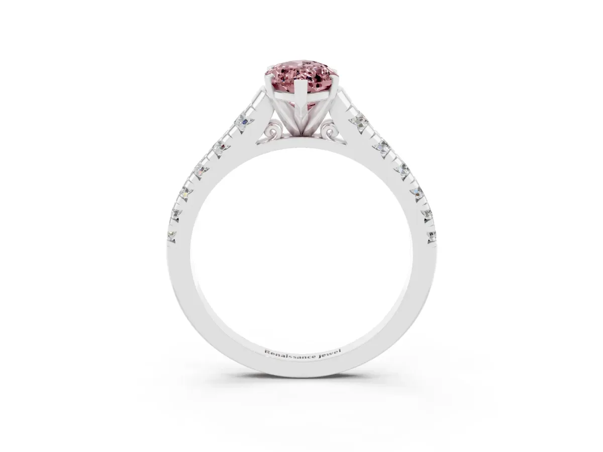 Marquise Cut Morganite Cathedral Solitaire Ring with Round Pavé Band Silver