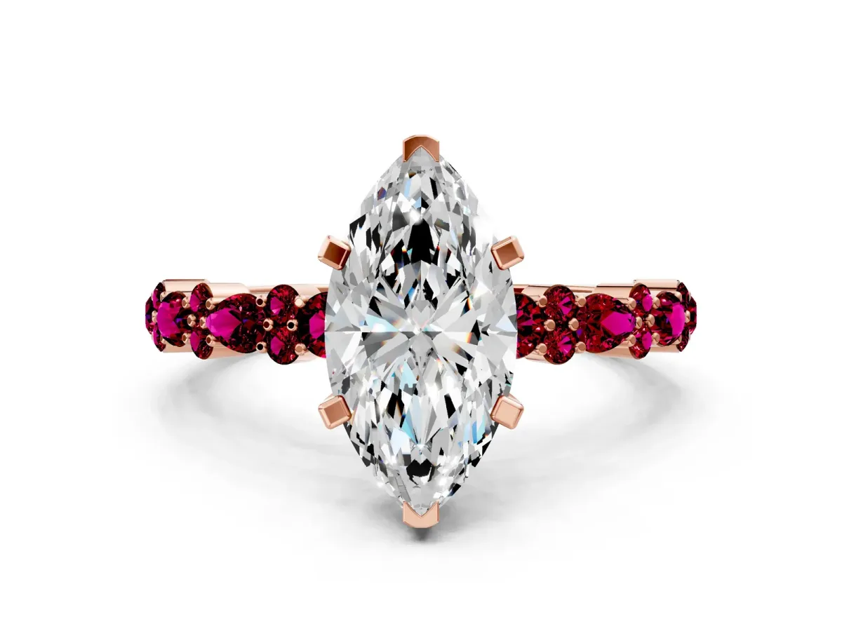 Marquise Cut Diamond Side Stone Solitaire Ring with Round Garnet and Four-Prong Setting Rose gold